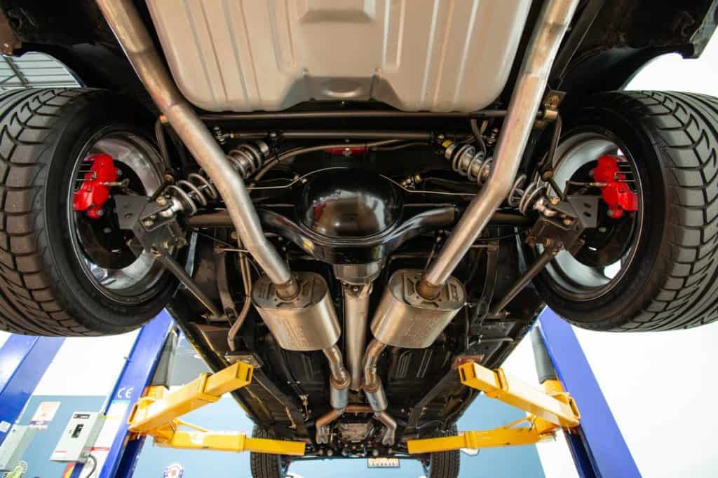underside of the 713hp Supercharged 1970 Ford Mustang Fastback Restomod