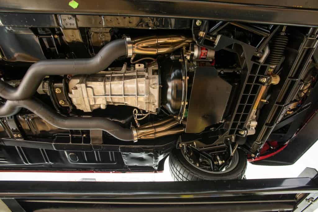 the underside of the ford mustang restomod