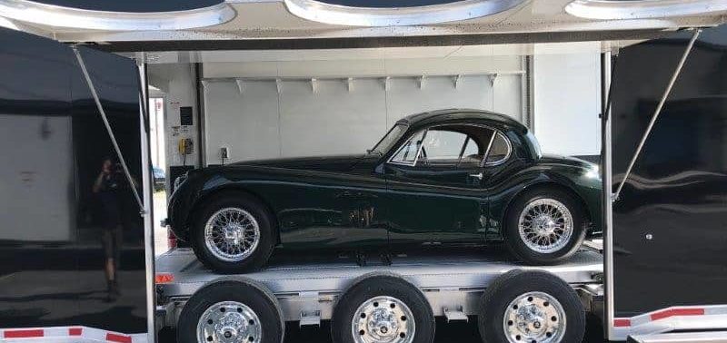 picture of a restomod in an enclosed trailer